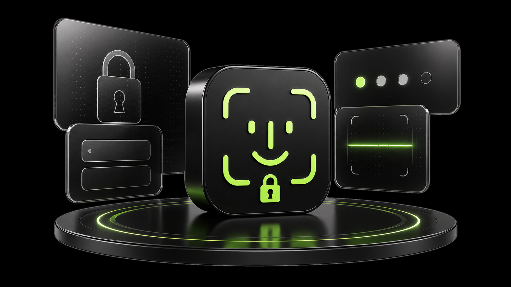 Abstract FacePass menu-bar helper visual with lock-screen and password-fill cues